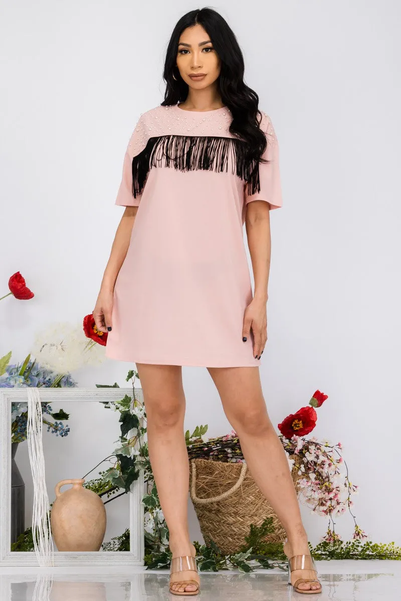 15292 - DROP SHOULDER PEARL BEADED DRESS