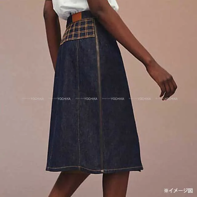 2021 HERMES skirt Ladies denim wrap skirt serie button embroidery leatther patch Bleu indigo Cotton100% 36 Silver HW[EXCELLENT][Authentic]