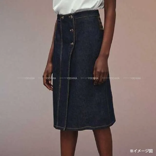 2021 HERMES skirt Ladies denim wrap skirt serie button embroidery leatther patch Bleu indigo Cotton100% 36 Silver HW[EXCELLENT][Authentic]