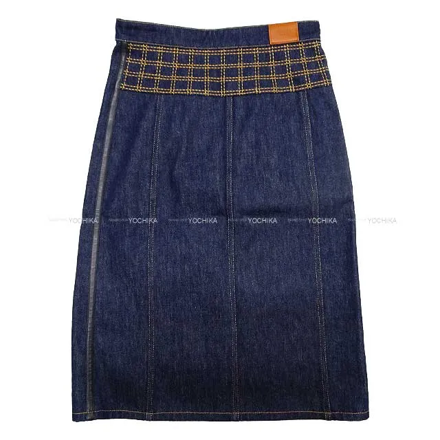 2021 HERMES skirt Ladies denim wrap skirt serie button embroidery leatther patch Bleu indigo Cotton100% 36 Silver HW[EXCELLENT][Authentic]