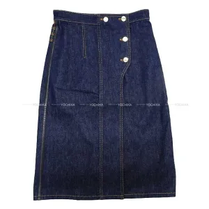 2021 HERMES skirt Ladies denim wrap skirt serie button embroidery leatther patch Bleu indigo Cotton100% 36 Silver HW[EXCELLENT][Authentic]