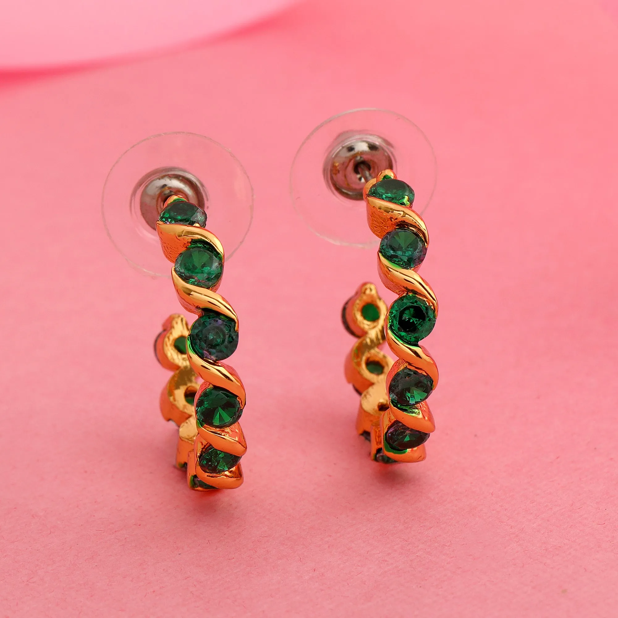 24Kt Gold Plated Green CZ Hoop Earrings