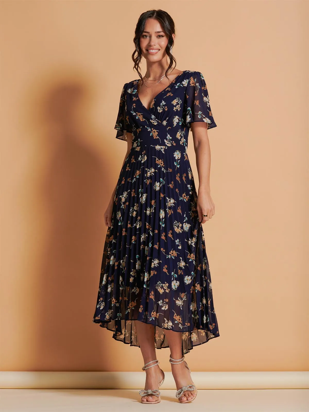 Angel Sleeve Pleated Chiffon Maxi Dress, Navy Floral