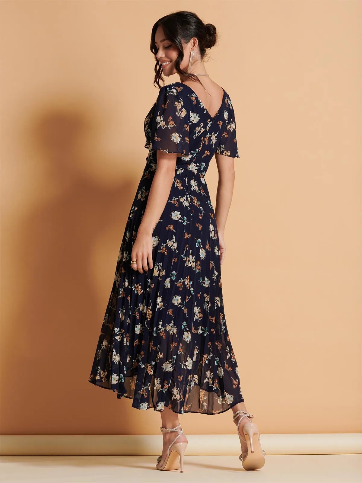 Angel Sleeve Pleated Chiffon Maxi Dress, Navy Floral