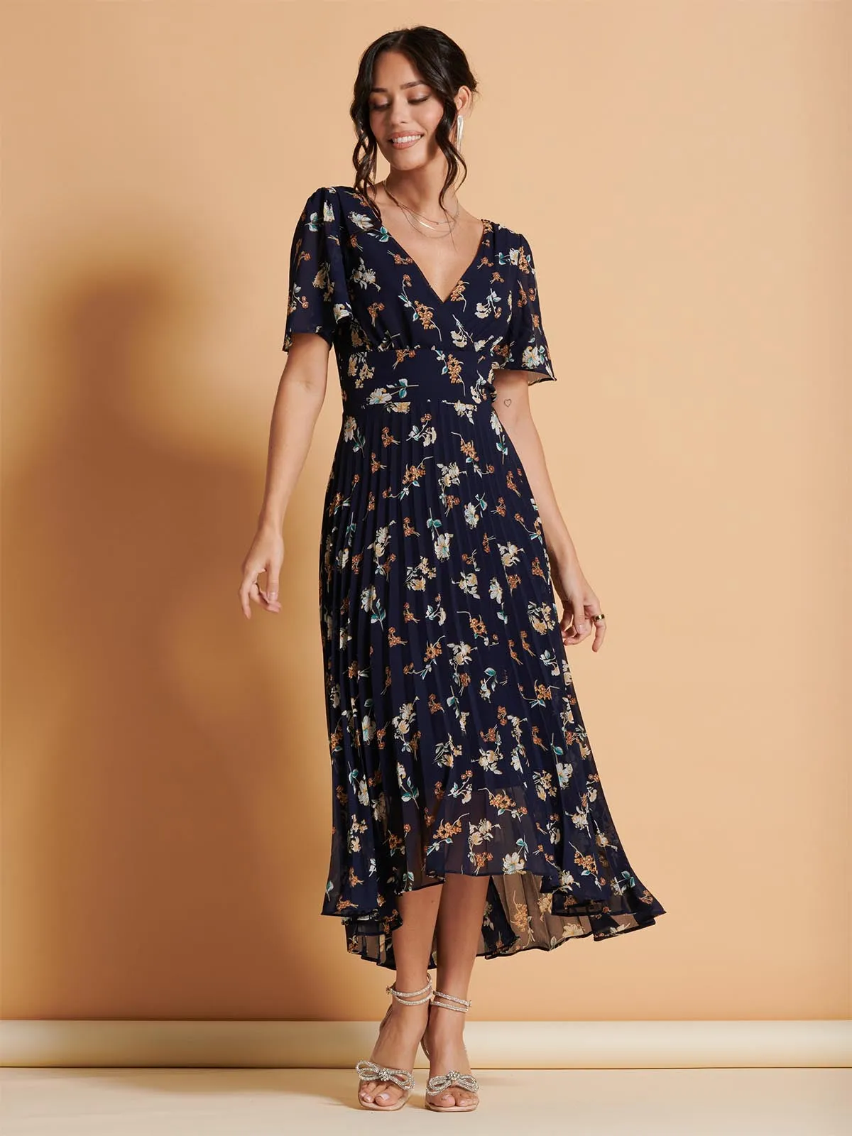 Angel Sleeve Pleated Chiffon Maxi Dress, Navy Floral