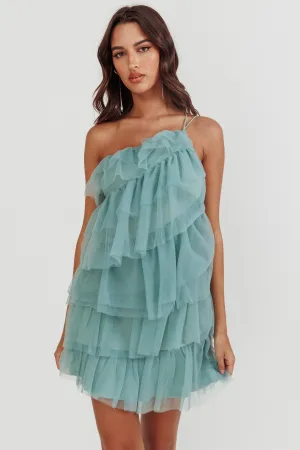 Arrabel Tiered Ruffle Mesh Mini Dress Sage