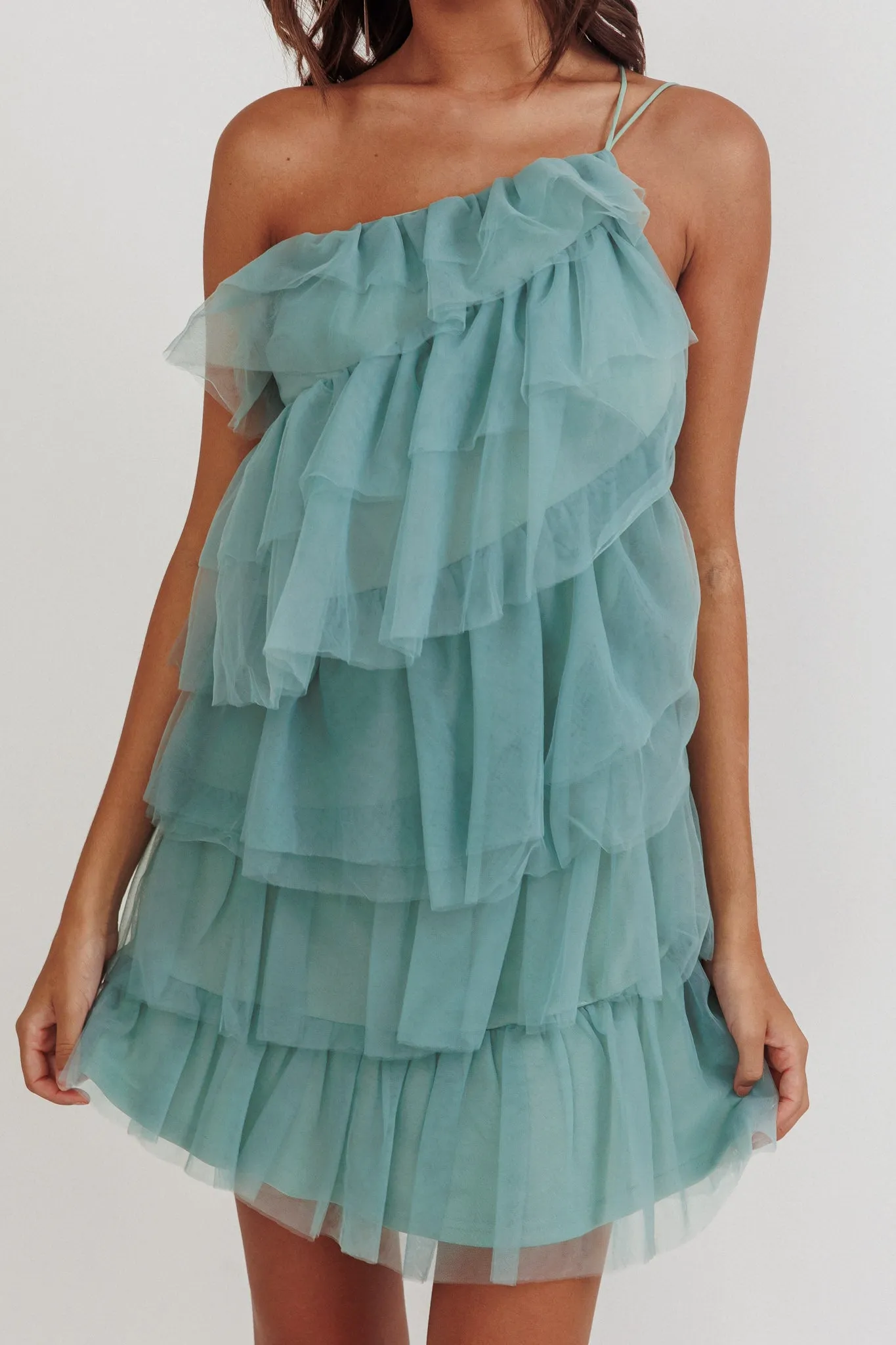 Arrabel Tiered Ruffle Mesh Mini Dress Sage