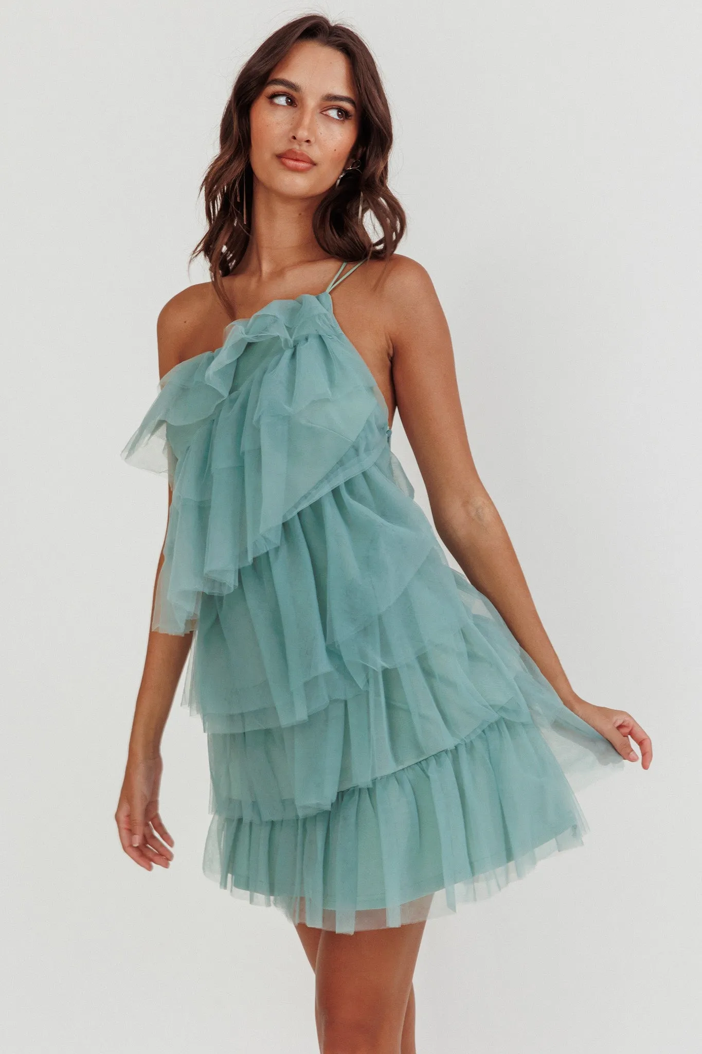 Arrabel Tiered Ruffle Mesh Mini Dress Sage