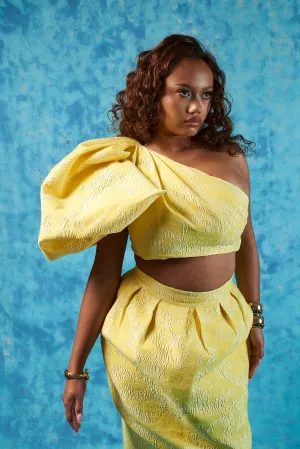 Ayat Jacquard Puff Sleeve One Shoulder Top - Yellow