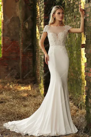 Beaded Cap Sleeve Satin Mermaid Wedding Gown