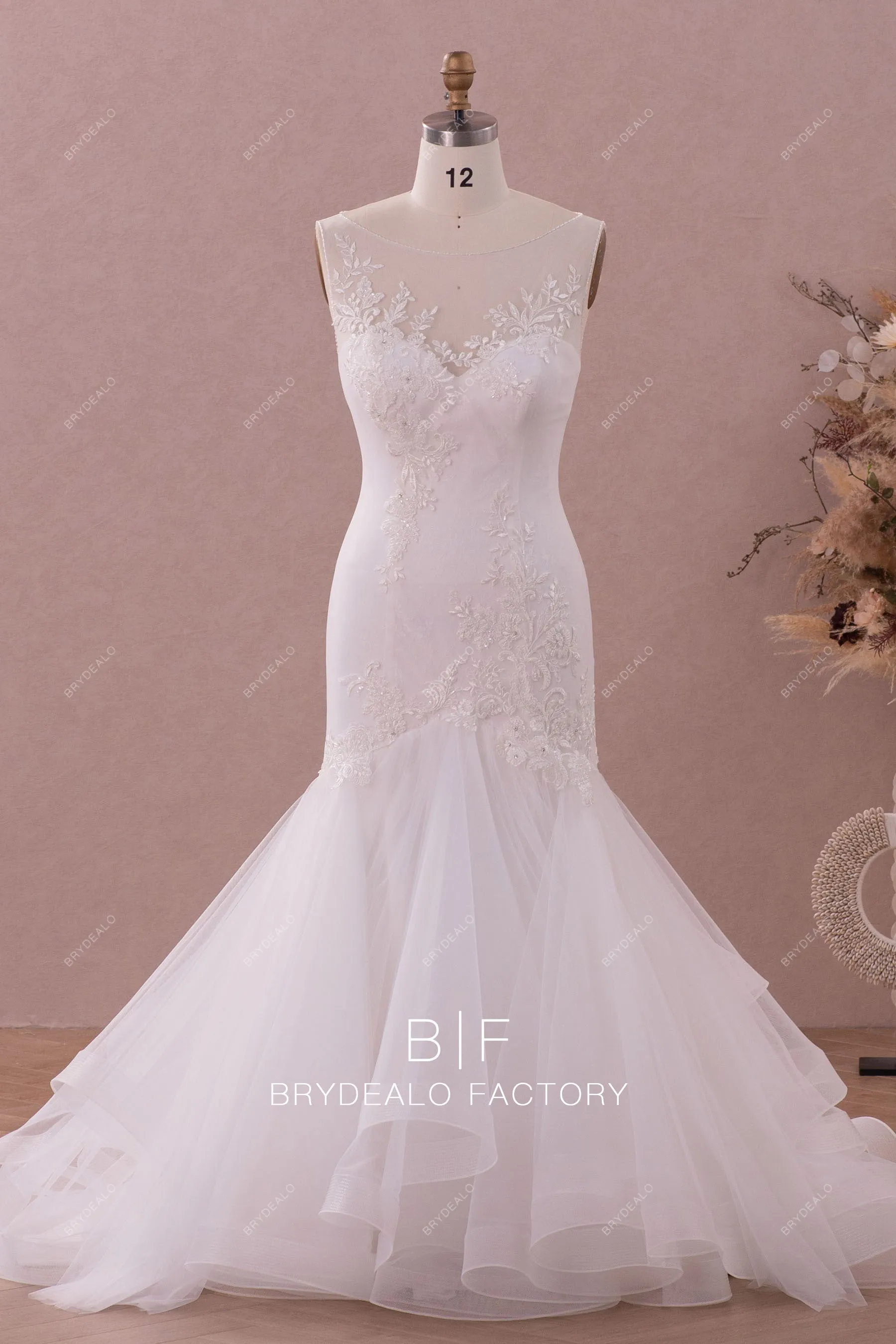 Beaded Lace Tulle Ruffled Trumpet Wedding Dress