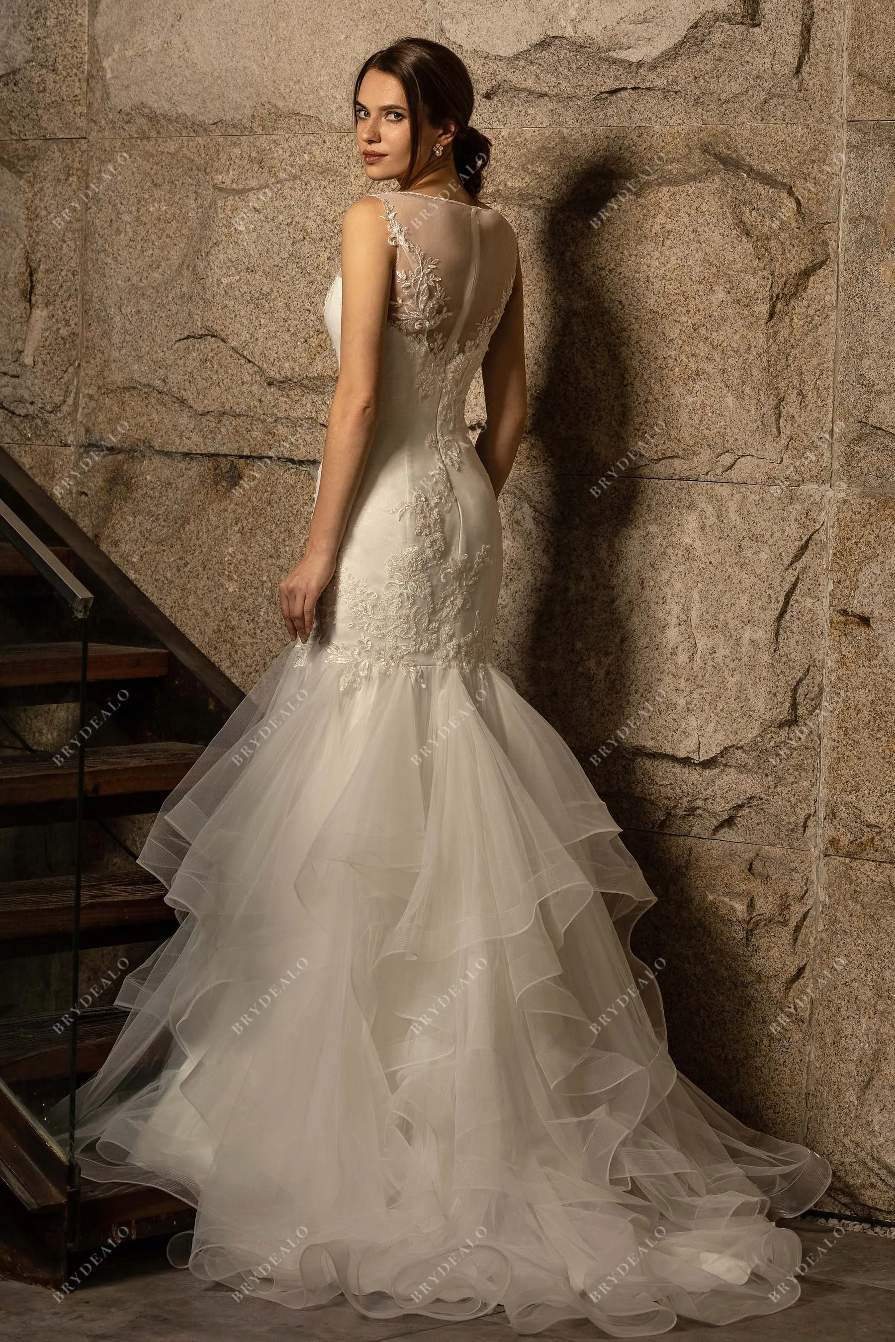 Beaded Lace Tulle Ruffled Trumpet Wedding Dress