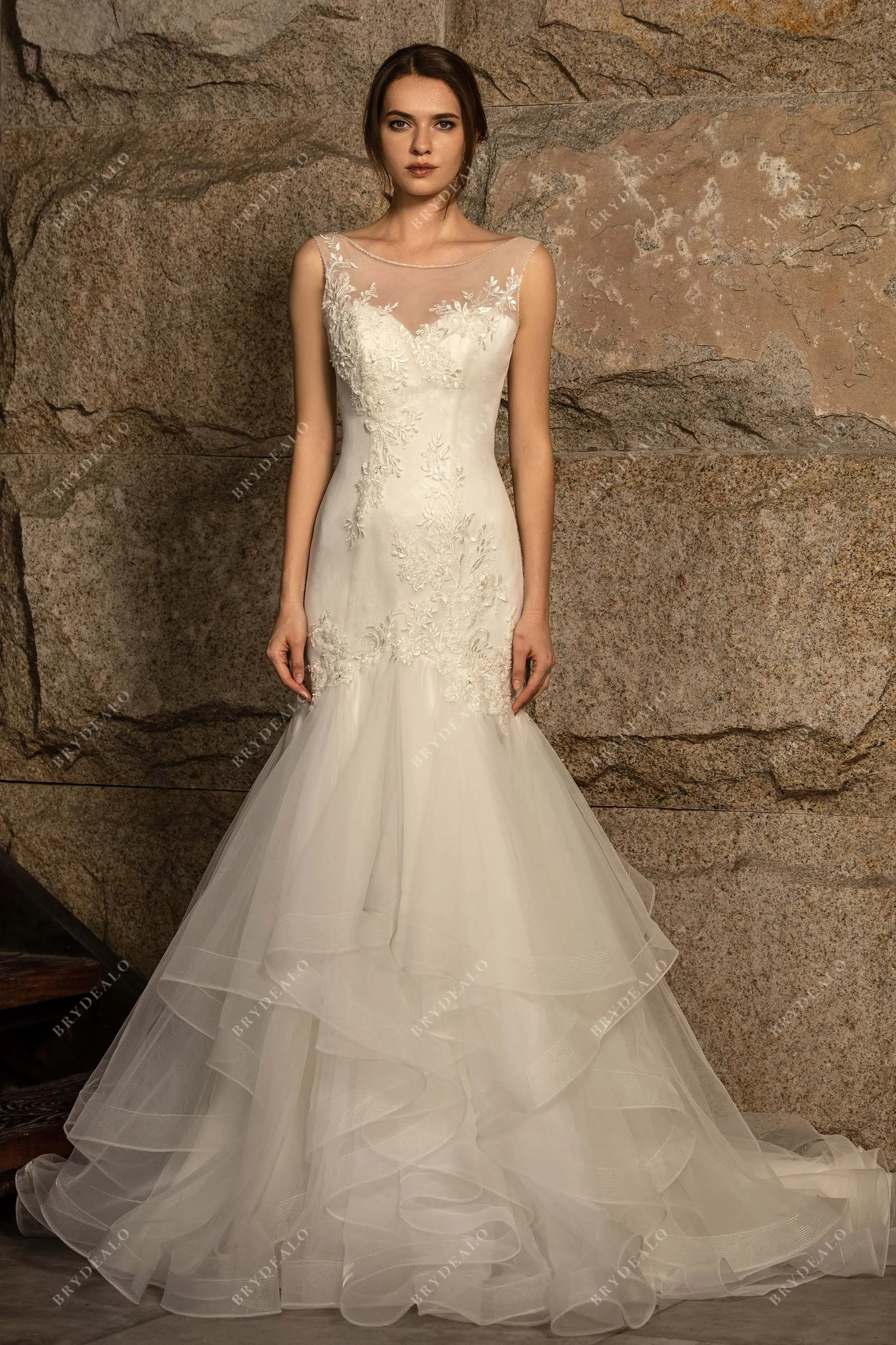 Beaded Lace Tulle Ruffled Trumpet Wedding Dress