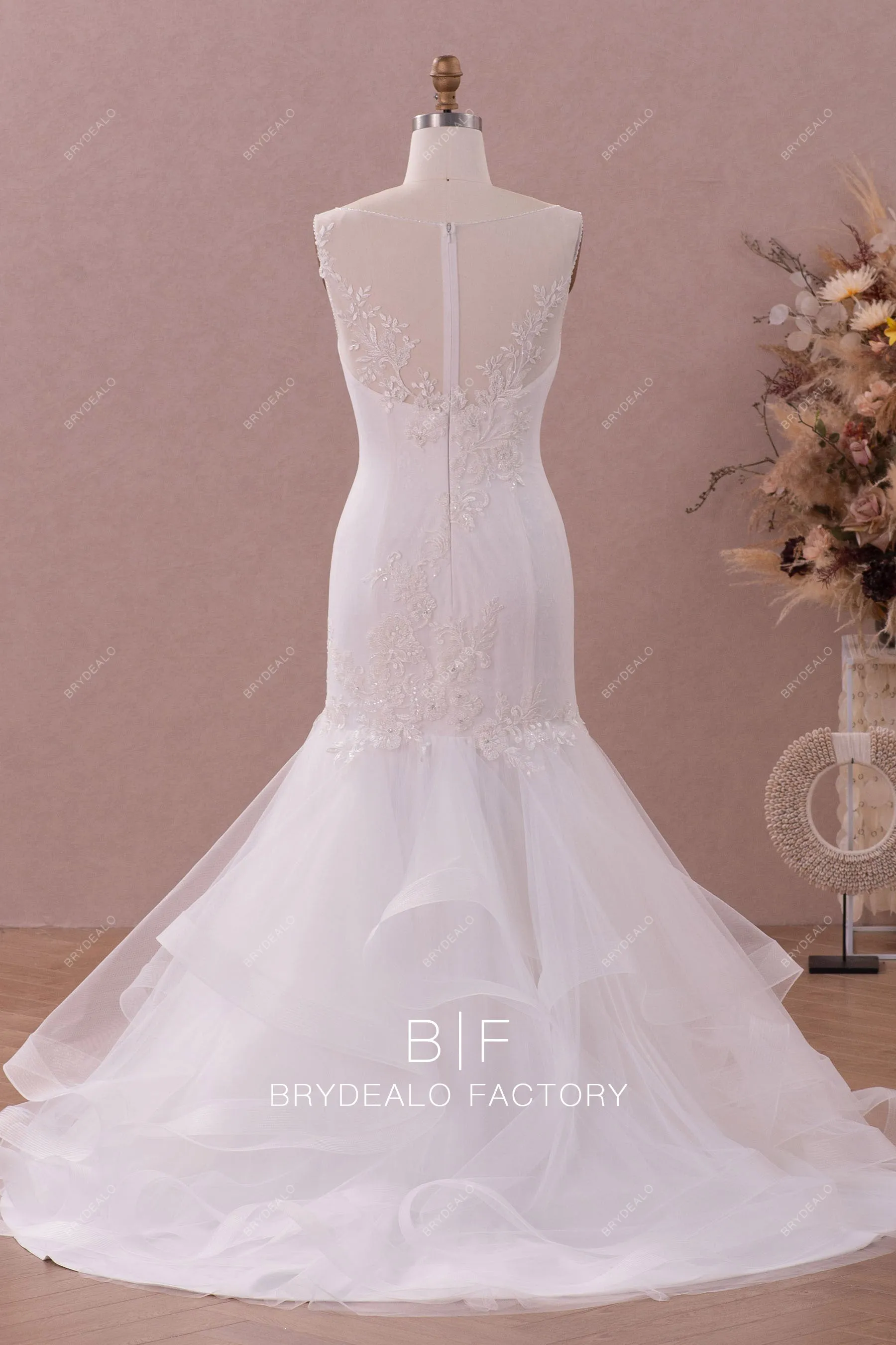 Beaded Lace Tulle Ruffled Trumpet Wedding Dress