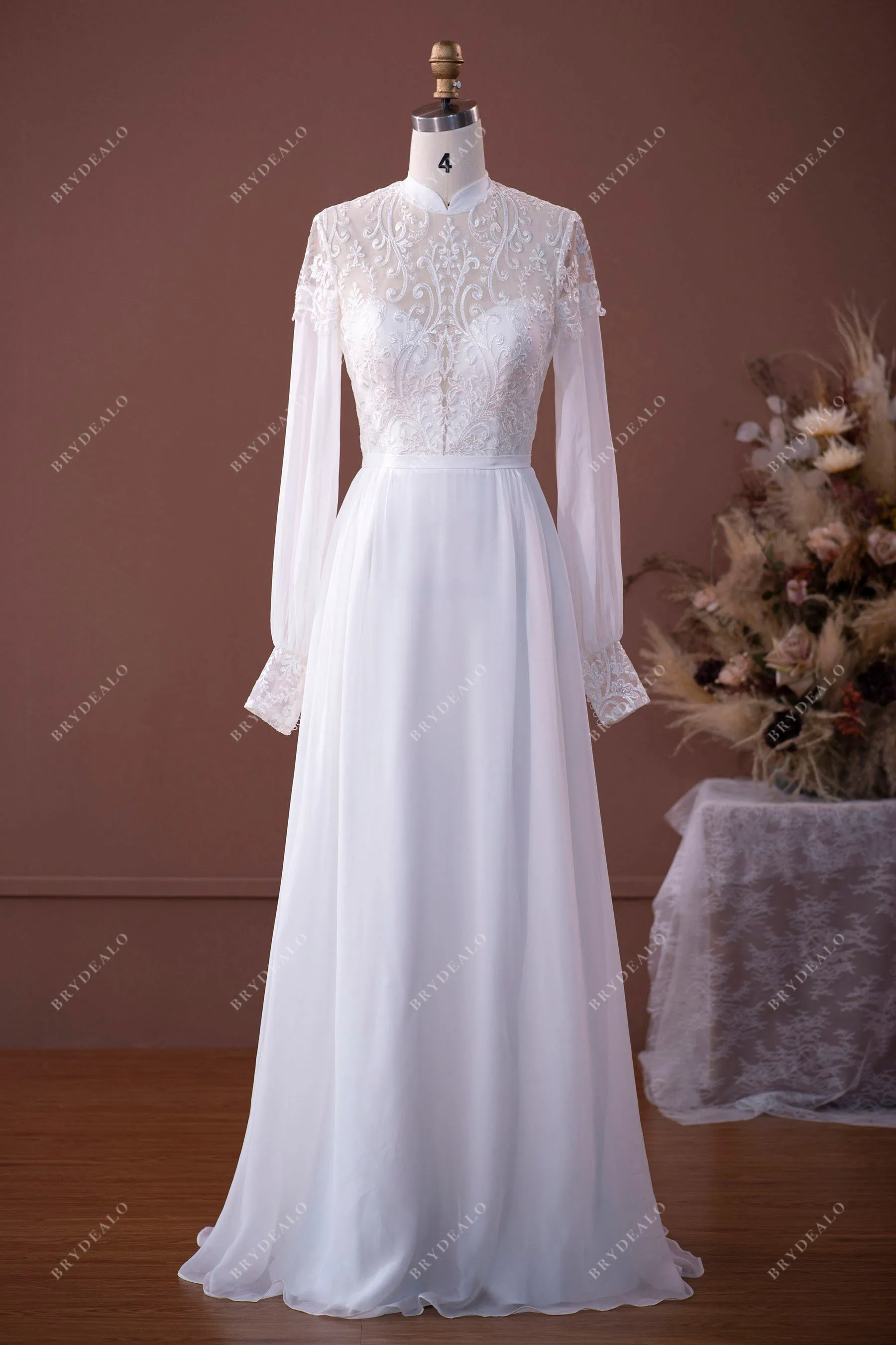 Boho Sleeved Flowy Lace Chiffon Wedding Dress