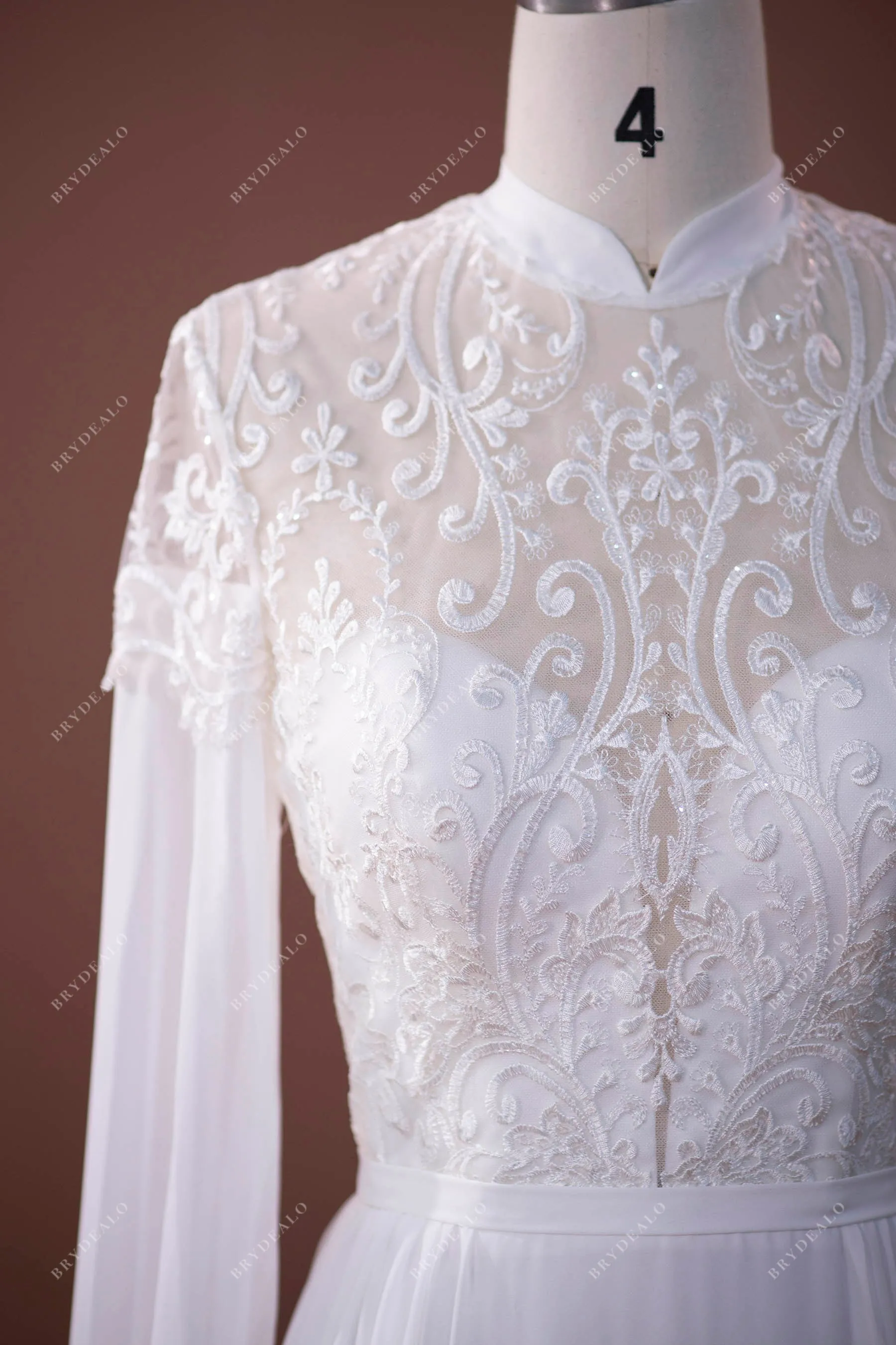 Boho Sleeved Flowy Lace Chiffon Wedding Dress