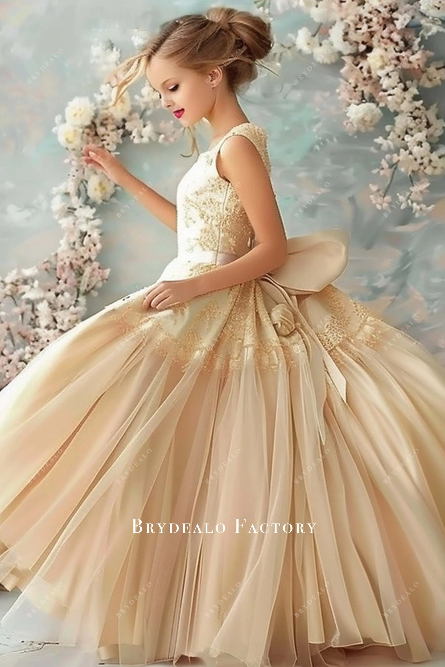 Champagne Lace Sleeveless Tulle Flower Girl Ball Gown