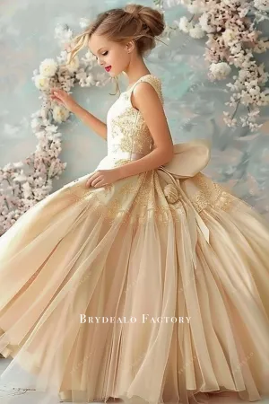 Champagne Lace Sleeveless Tulle Flower Girl Ball Gown