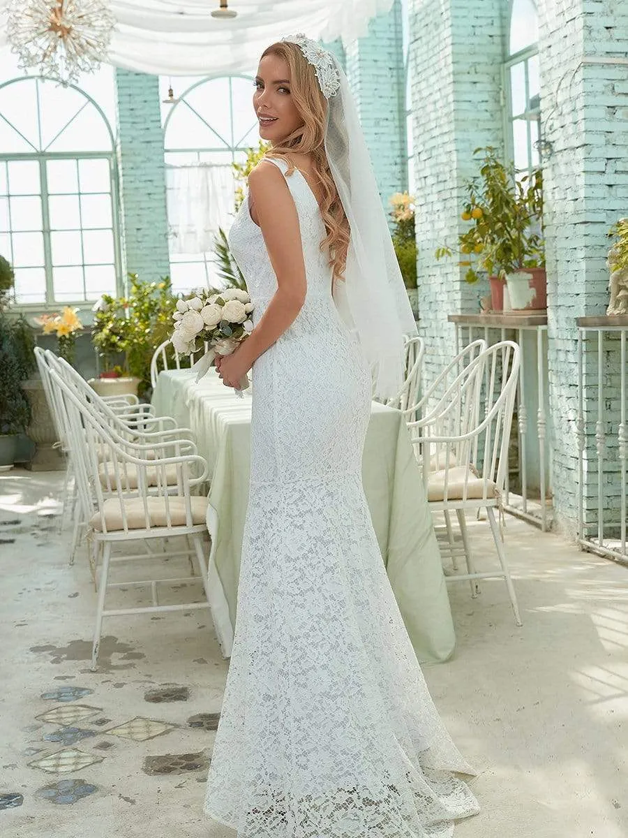 Dainty Deep V Neck Sleeveless Fishtail Lace Wedding Dress