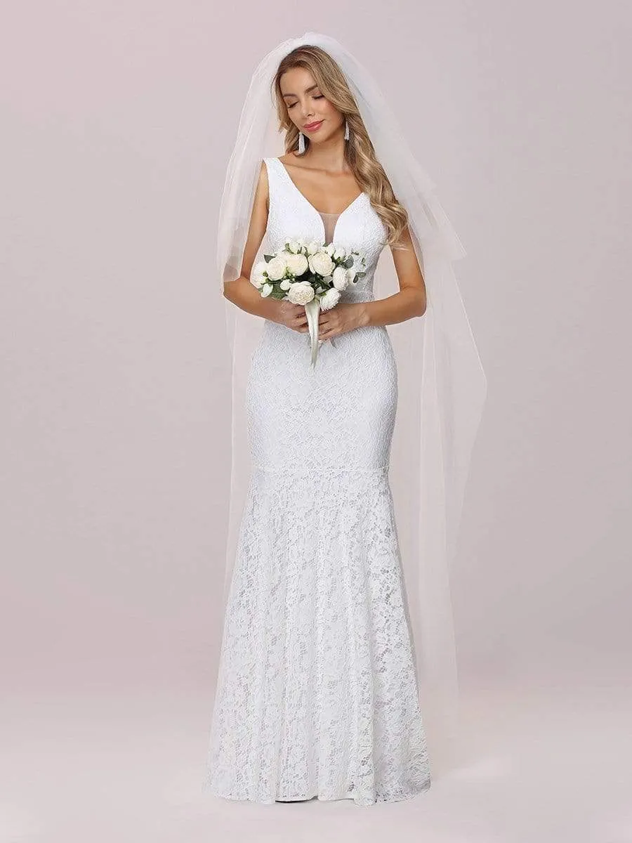 Dainty Deep V Neck Sleeveless Fishtail Lace Wedding Dress