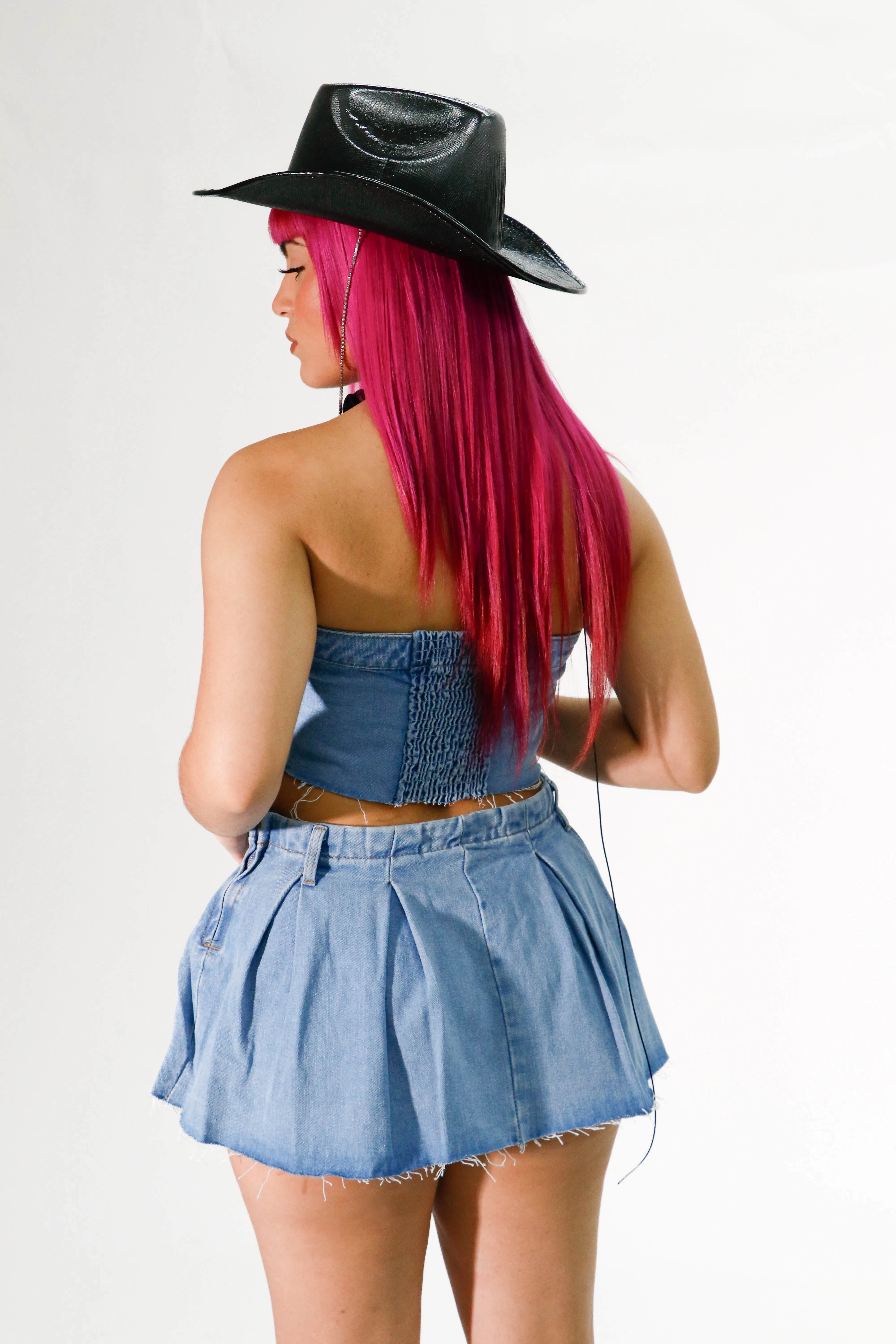 denim set strapless top mini denim skirt