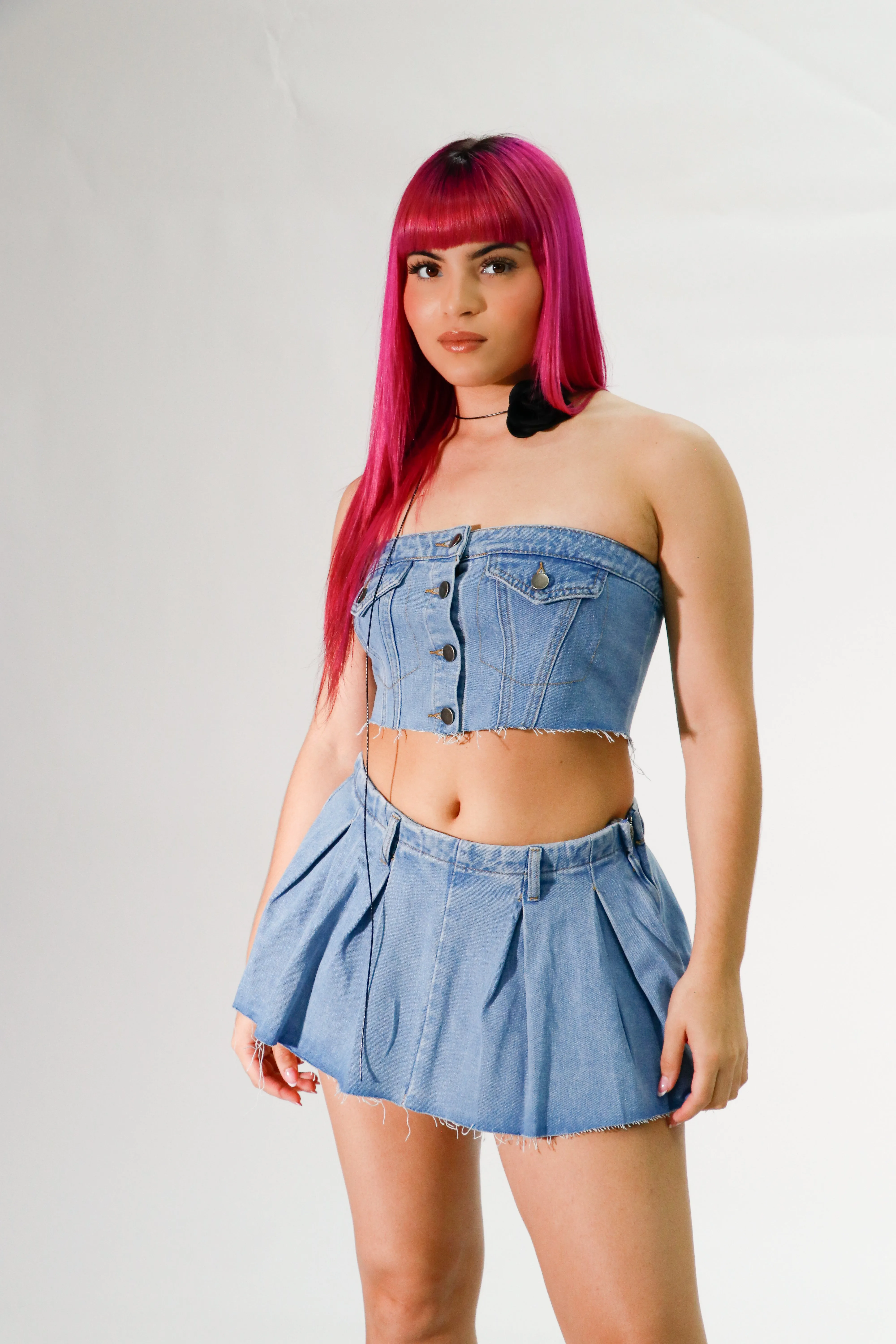 denim set strapless top mini denim skirt