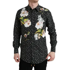 Dolce & Gabbana Black Floral Men Formal Dress GOLD Shirt