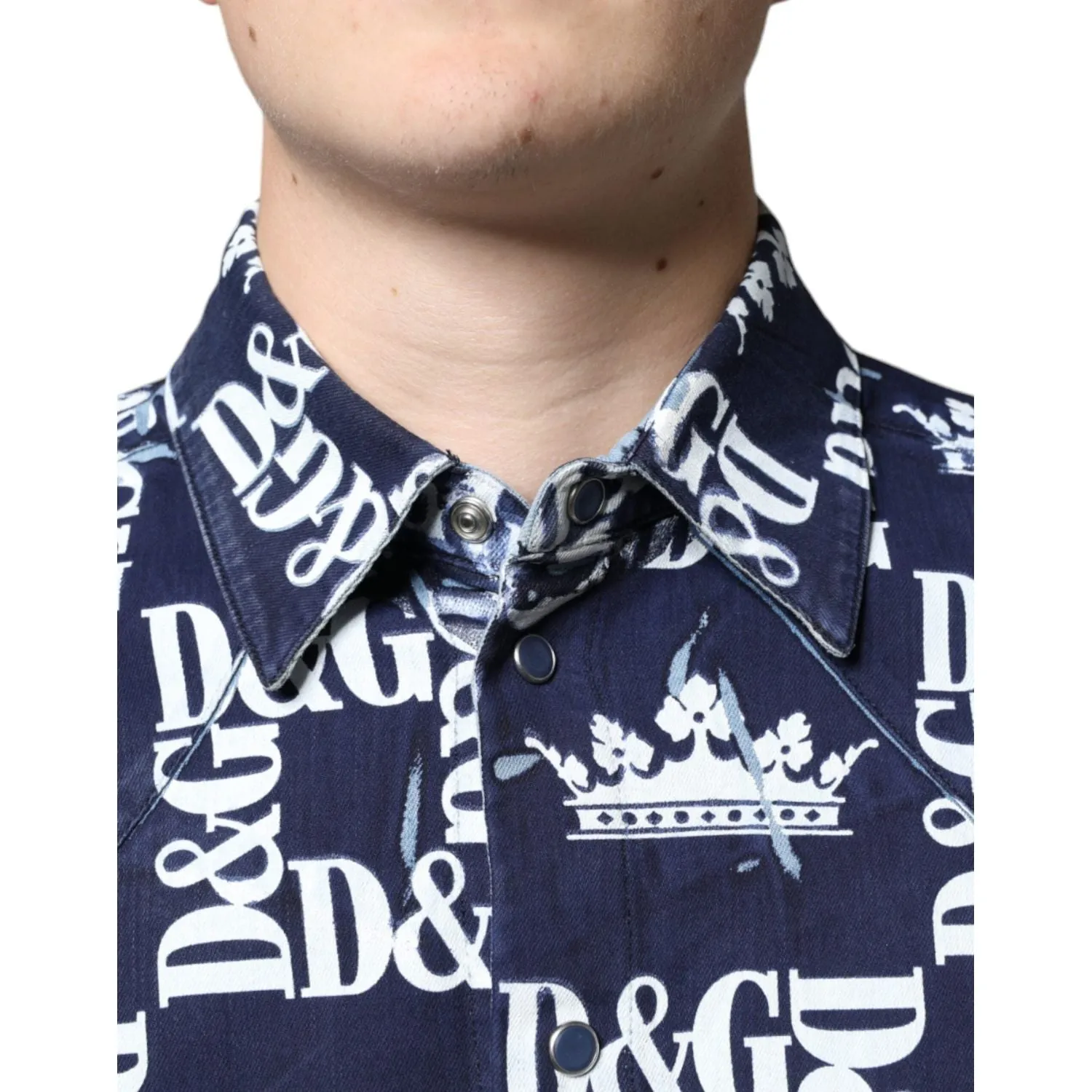 Dolce & Gabbana Blue Crown Logo Print Slim Fit Cotton Shirt