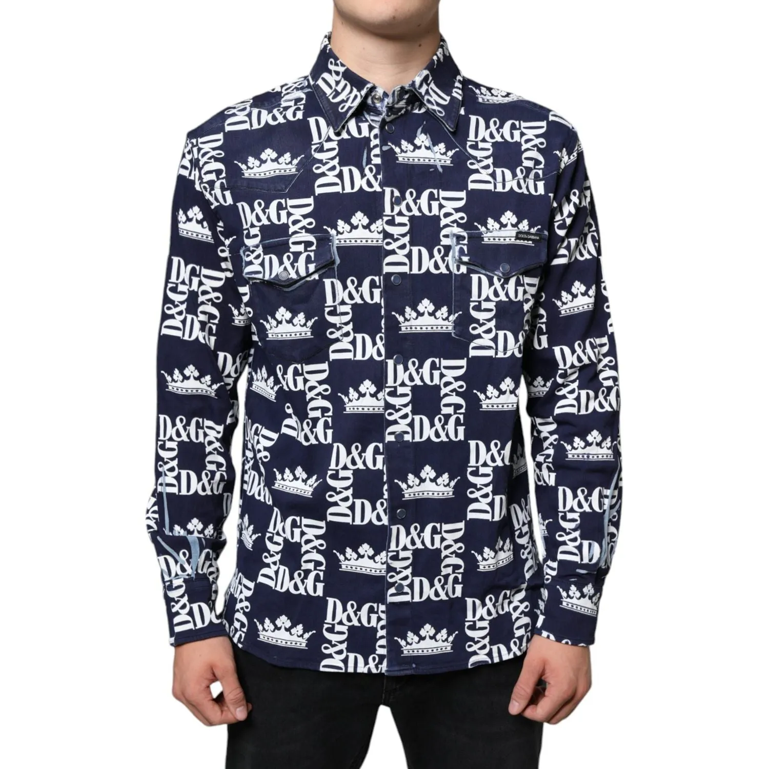 Dolce & Gabbana Blue Crown Logo Print Slim Fit Cotton Shirt