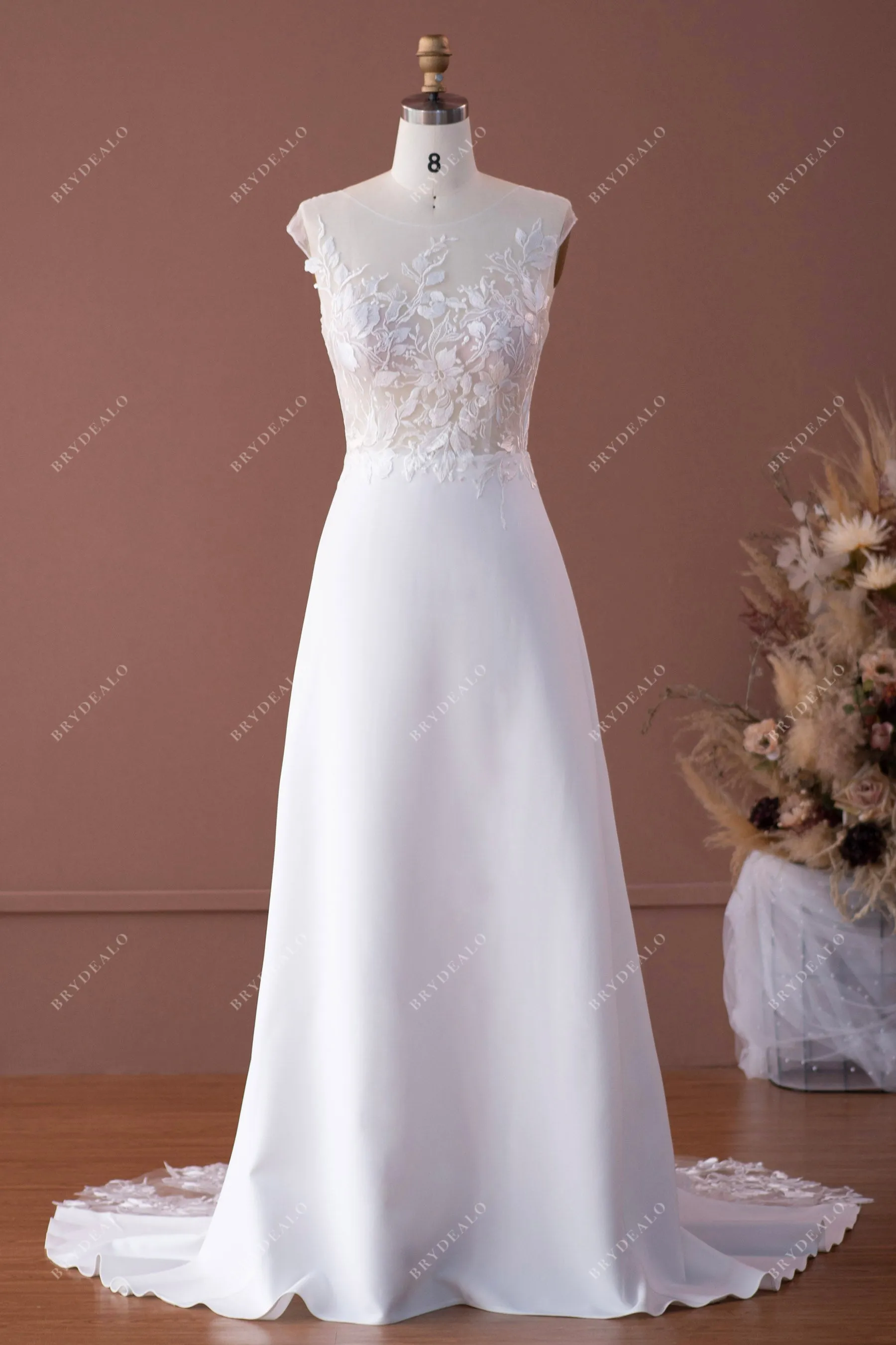 Elegant Cap Sleeve Lace Crepe Mermaid Bridal Gown