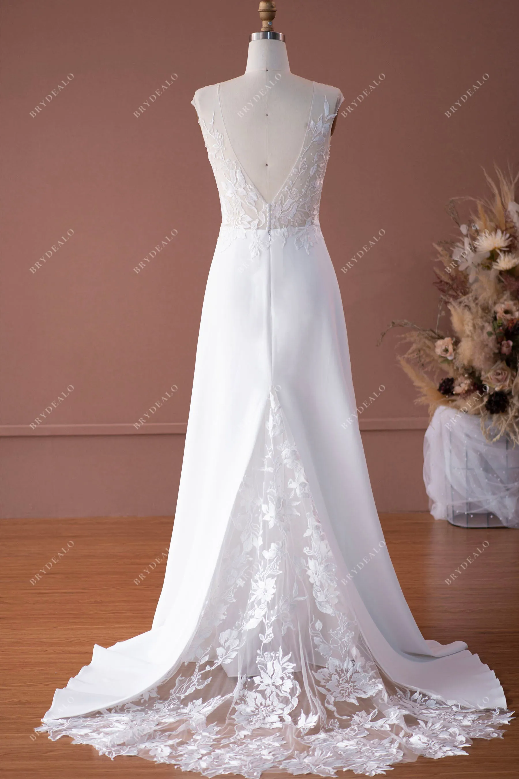 Elegant Cap Sleeve Lace Crepe Mermaid Bridal Gown