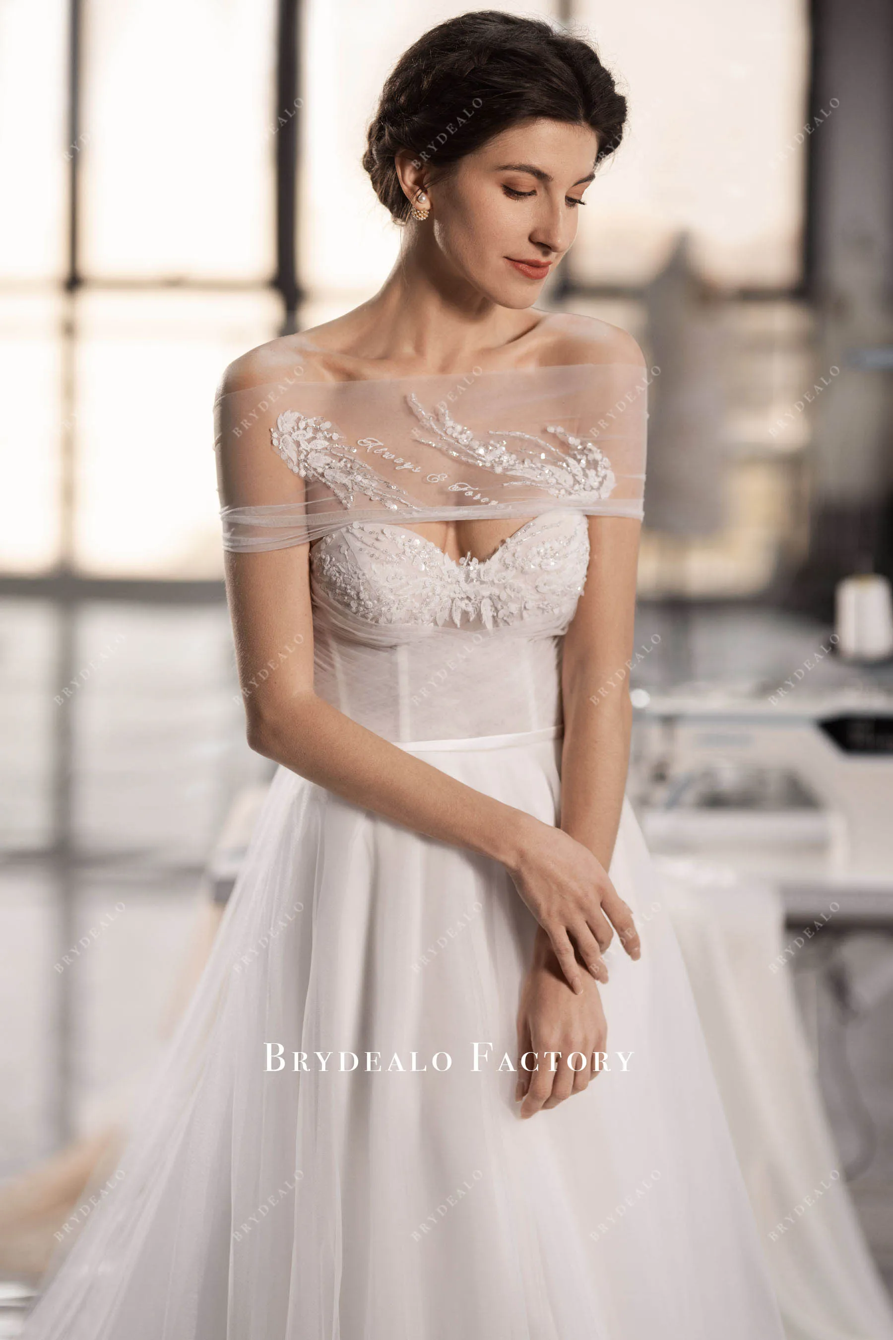 Elegant Corset Embroidered Letter Wrap Tulle Wedding Dress