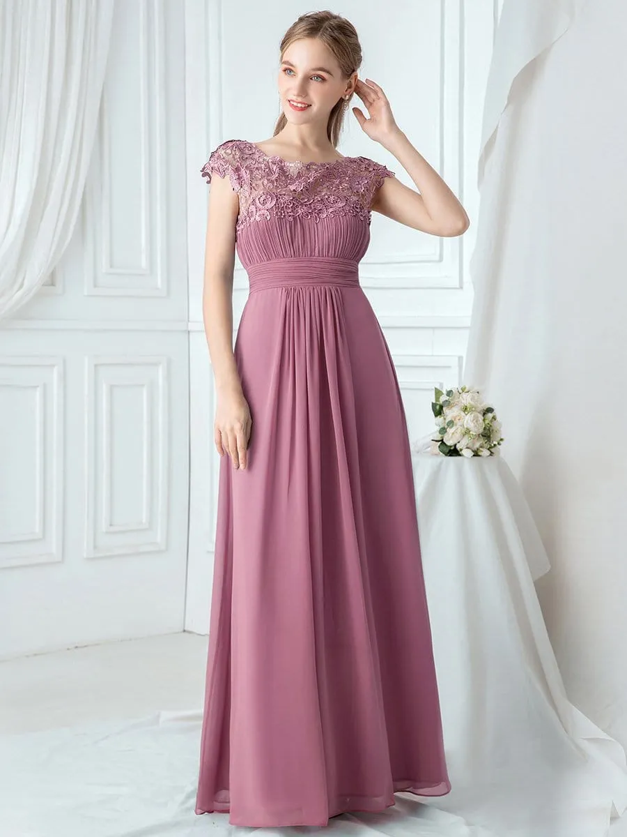 Elegant Lace Cap Sleeve Maxi Long Chiffon Bridesmaid Dress