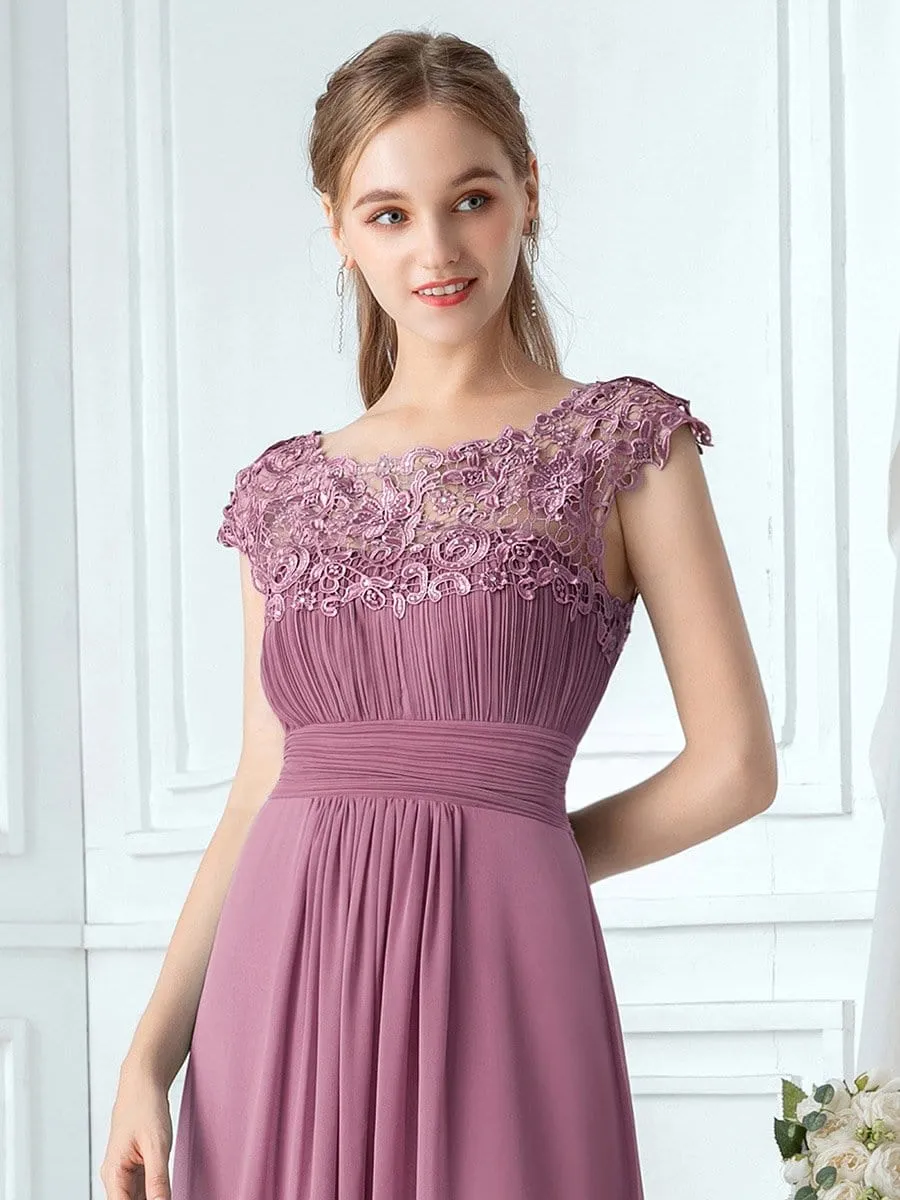 Elegant Lace Cap Sleeve Maxi Long Chiffon Bridesmaid Dress