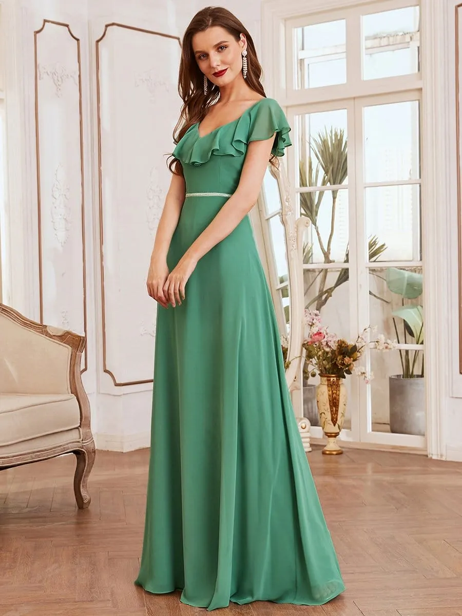 Elegant Maxi Long Flowy Chiffon Bridesmaid Dress with Sleeves