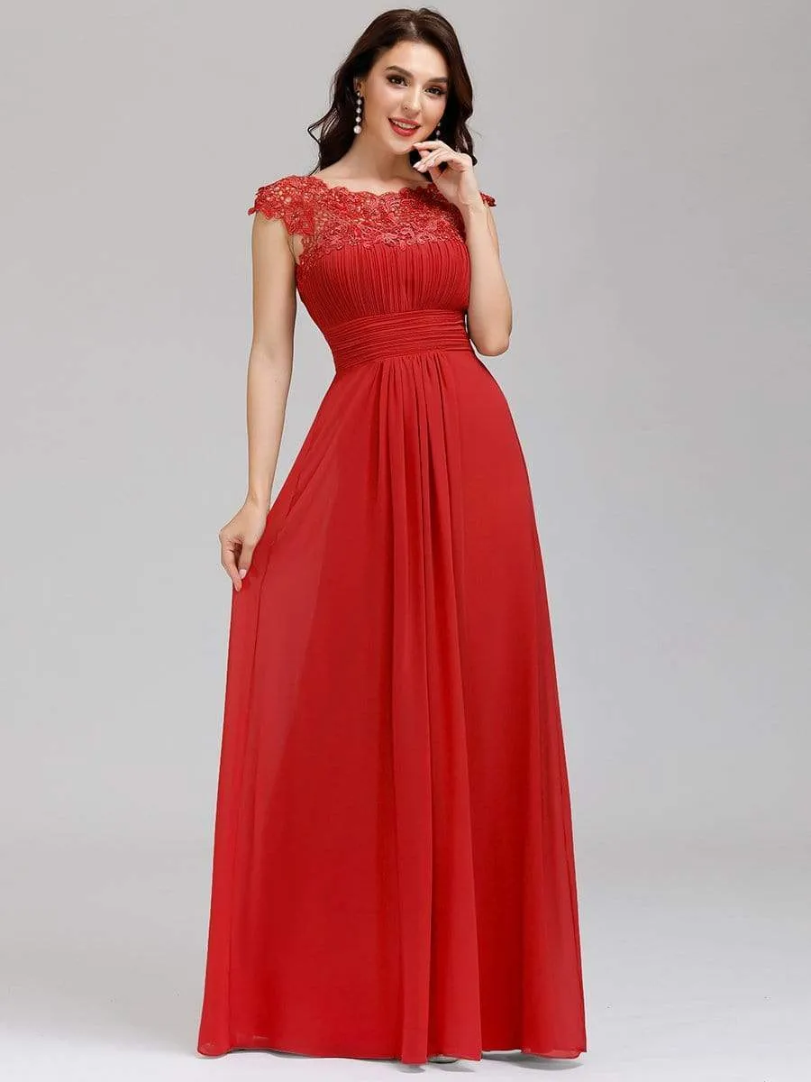 Elegant Maxi Long Lace Cap Sleeve Bridesmaid Dress