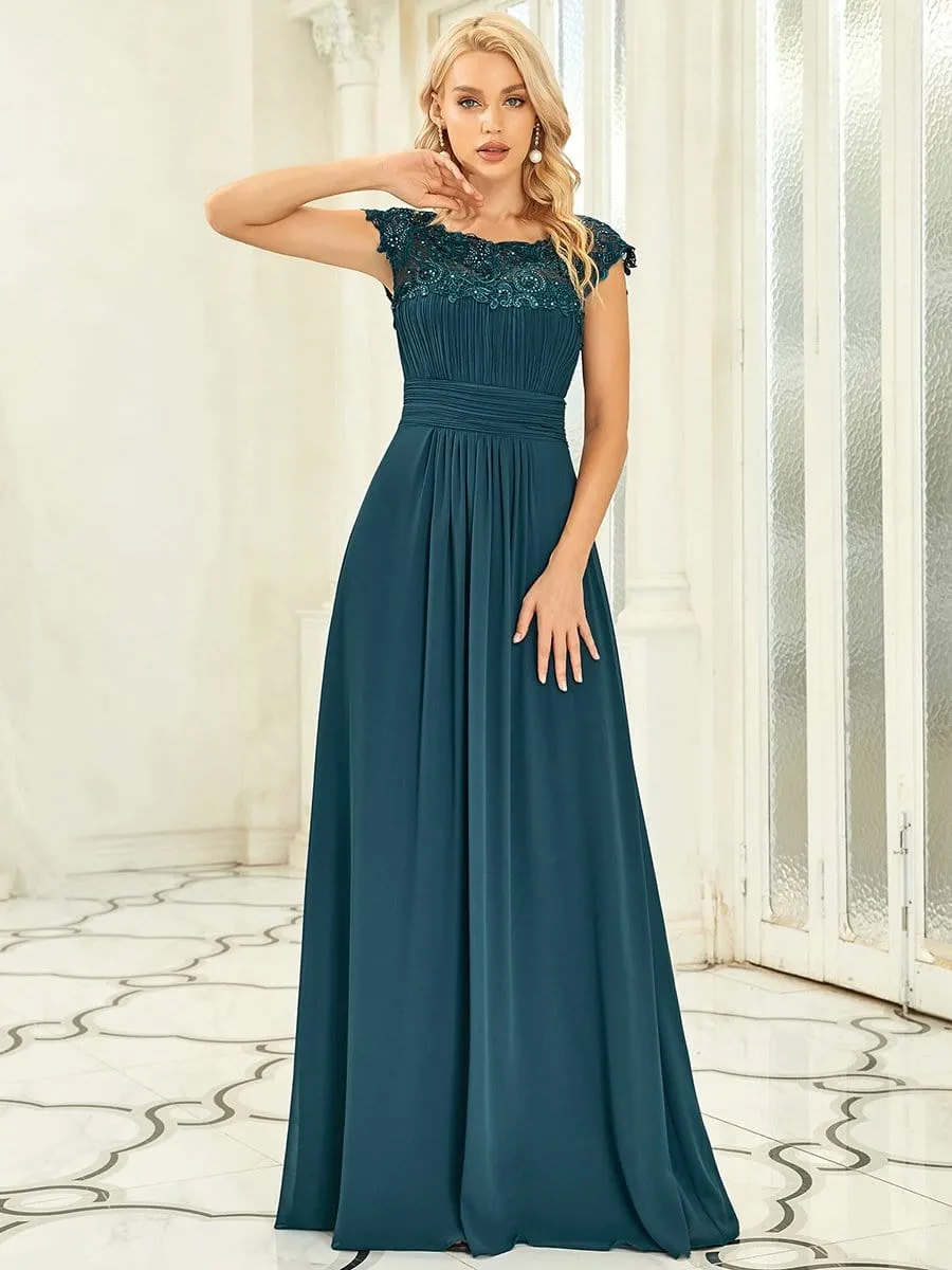 Elegant Maxi Long Lace Cap Sleeve Bridesmaid Dress