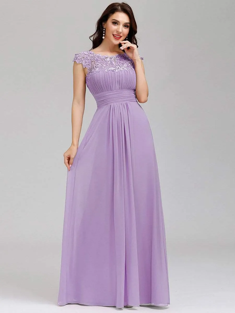 Elegant Maxi Long Lace Cap Sleeve Bridesmaid Dress