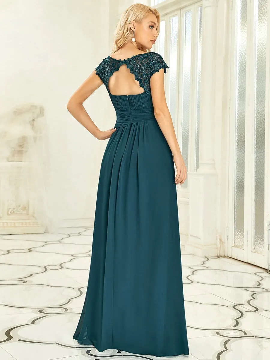 Elegant Maxi Long Lace Cap Sleeve Bridesmaid Dress