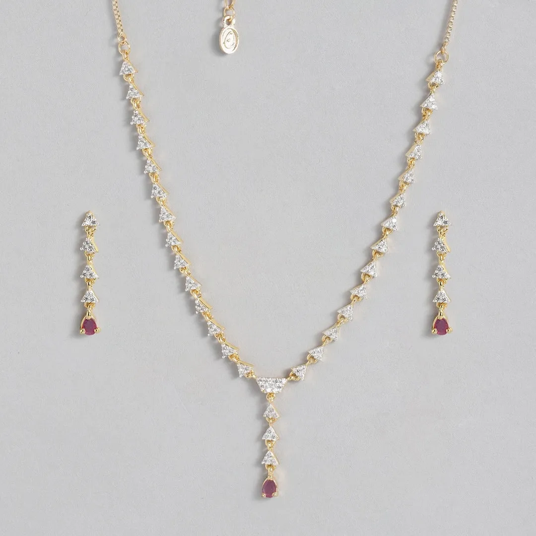 Estele - 24 KT Gold plated Necklace Set with Austrian Crystals and Red Stones for Women