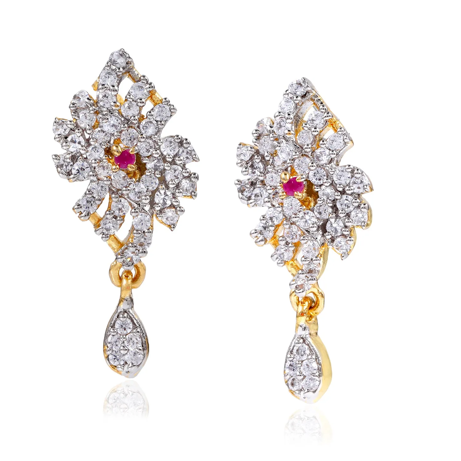 Estele Gold & Rhodium Plated CZ Flower Designer Drop Earrings for Women