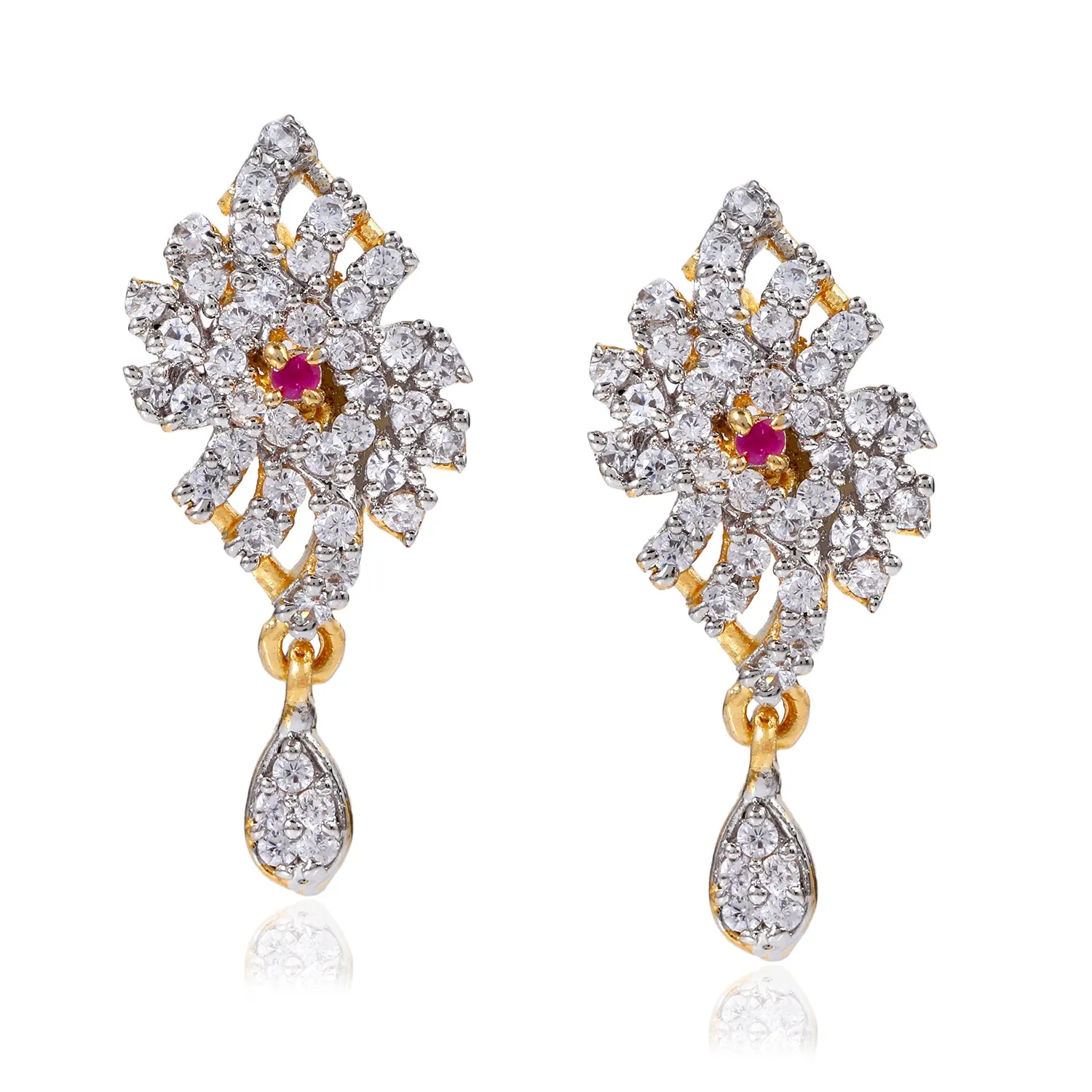 Estele Gold & Rhodium Plated CZ Flower Designer Drop Earrings for Women