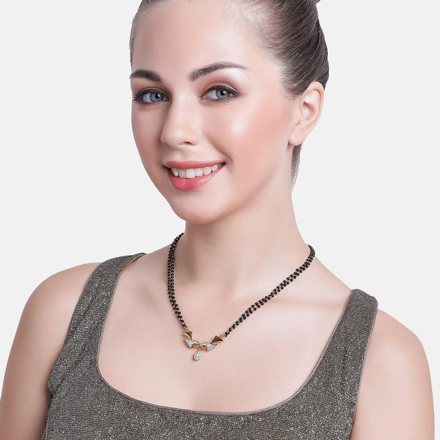 Estele Gold & Rhodium Plated Wave Drop Mangalsutra Necklace Set with Austrian Crystals for Women