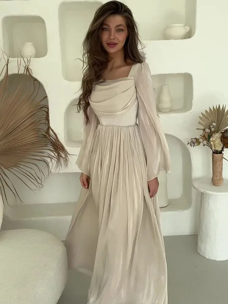 Girlary Elegant Satin Pleated Long Dress Women Summer Fashion Solid Color Sexy Slim Long Sleeve Party Dinner Dress Long Dress 2024