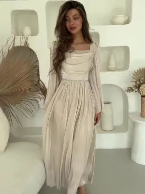 Girlary Elegant Satin Pleated Long Dress Women Summer Fashion Solid Color Sexy Slim Long Sleeve Party Dinner Dress Long Dress 2024