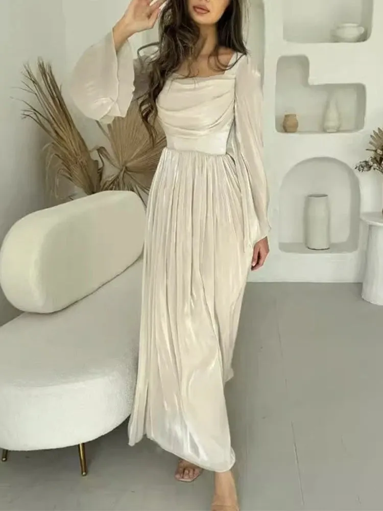 Girlary Elegant Satin Pleated Long Dress Women Summer Fashion Solid Color Sexy Slim Long Sleeve Party Dinner Dress Long Dress 2024