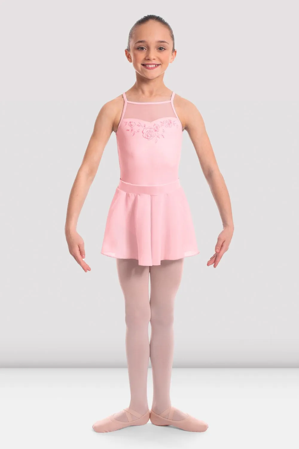 Girls Cameo Mesh Rose Embroidered Skirted Halter Leotard