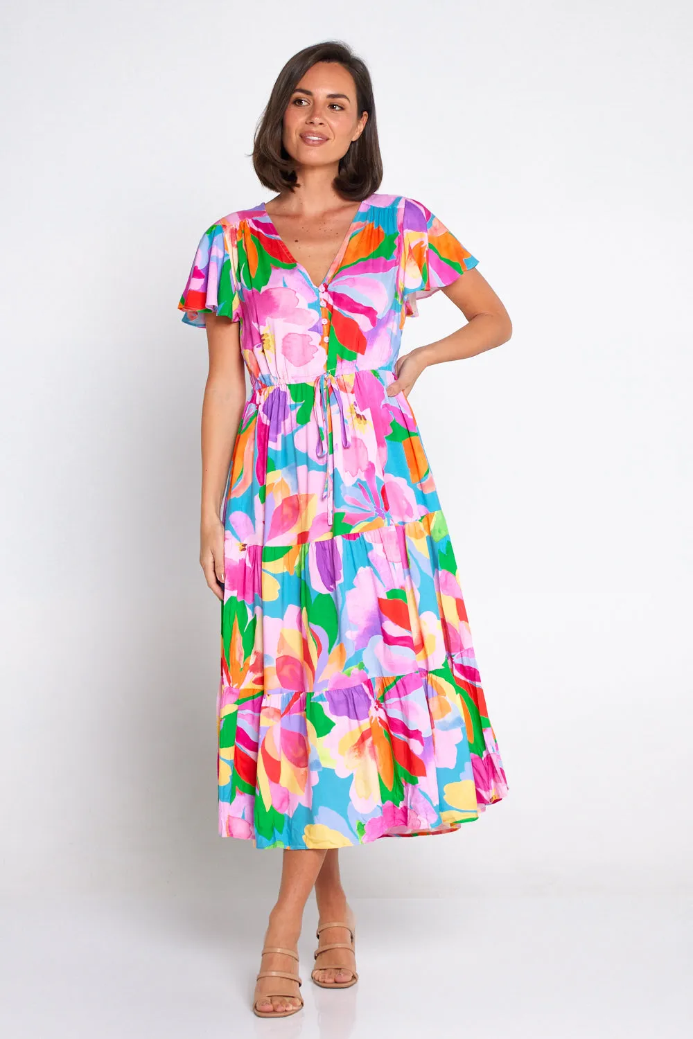 Hibiscus Hues Midi Dress - Pink Blue Floral