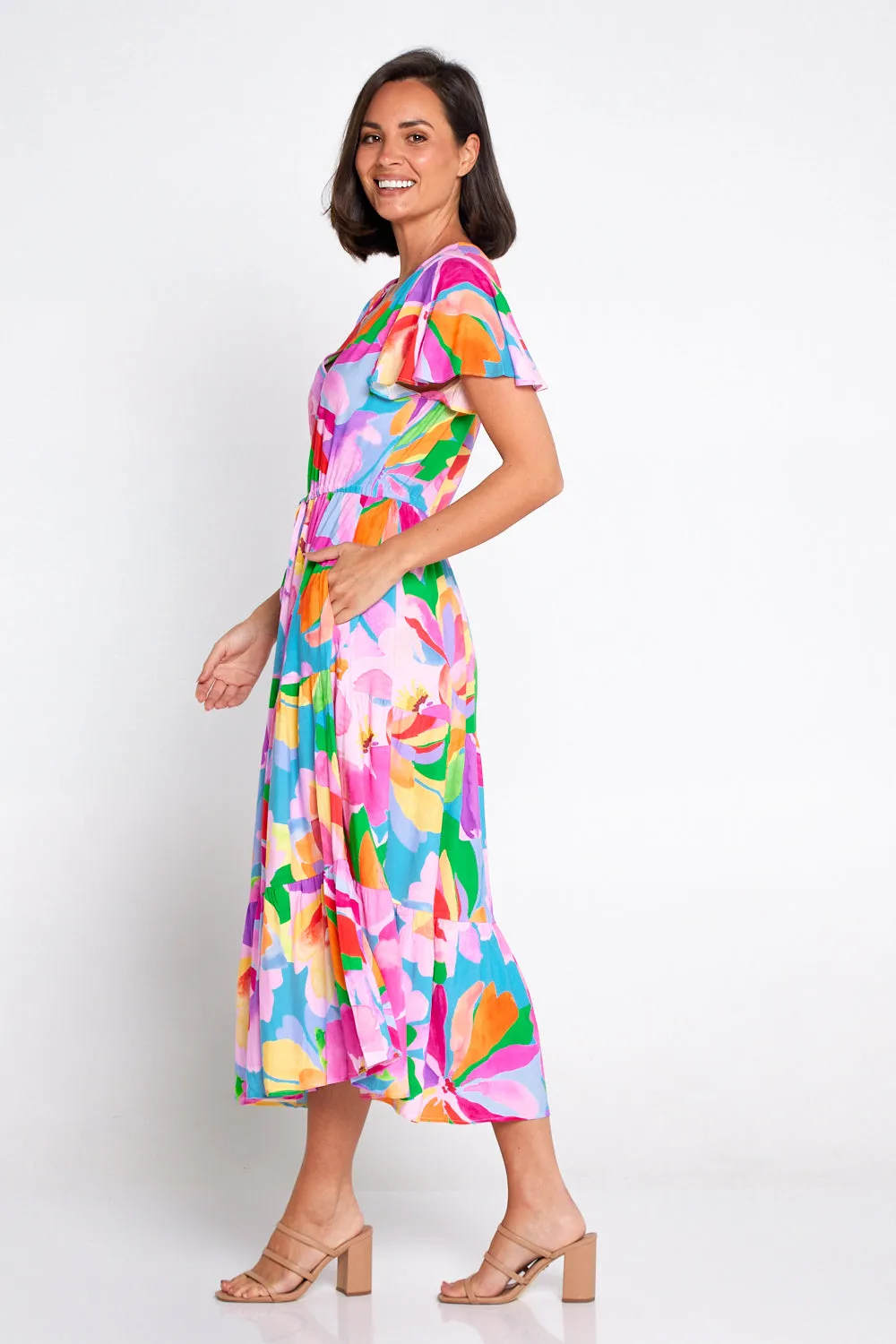 Hibiscus Hues Midi Dress - Pink Blue Floral