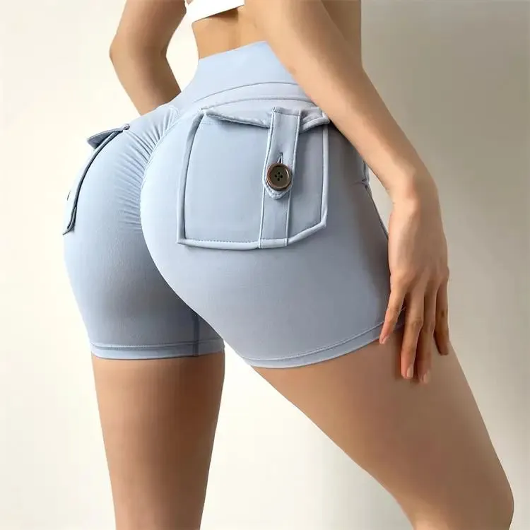 High-Waisted High Stretch Elastic Push Up Sports Short with Pocket in Naked Feeling Fabric for Women